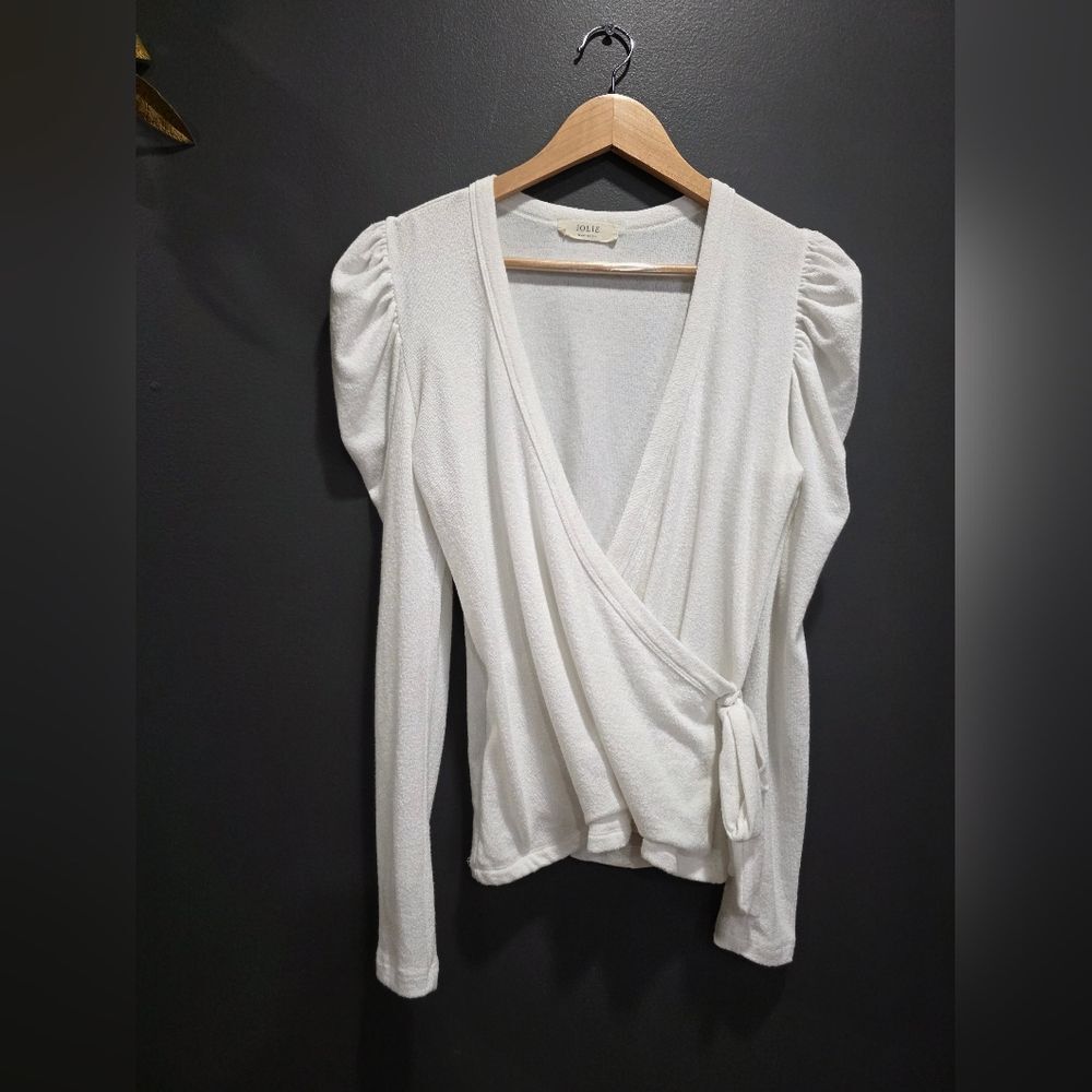 Jolie White Terry Cloth Faux Wrap Puff Shoulder Long Sleeve Sz M Made In USA